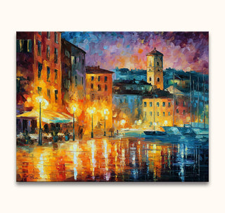 Nachtelijke havenpromenade met cafés en boten, schilderij 'Cannes' in Leonid Afremov-stijl. Handgeschilderd olieverfkunstwerk, perfect voor interieurontwerp.