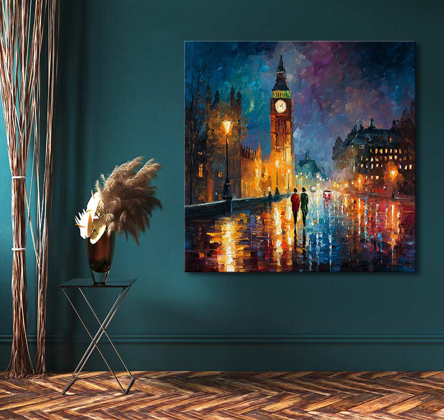 Origineel schilderij 'Lovers in London' in Afremov-stijl; toont een impressionistisch nachtelijk Londen met wandelend paar. Handgeschilderd op museumkwaliteit canvas.