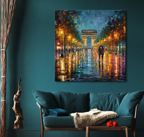 Schilderij 'Arc de Triomphe' in Leonid Afremov-stijl; olieverf op doek, twee figuren met paraplu in regenachtig straatbeeld. Geschikt voor interieurontwerp.