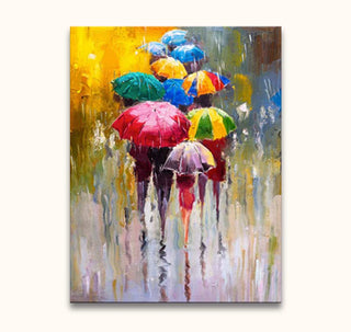 Impressionistic painting, Ten Couples and a Single, depicts figures with colorful umbrellas walking in the rain. Oil on canvas, 90x120cm, hand-painted with palette knife technique.
