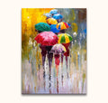 Impressionistic painting, Ten Couples and a Single, depicts figures with colorful umbrellas walking in the rain. Oil on canvas, 90x120cm, hand-painted with palette knife technique.