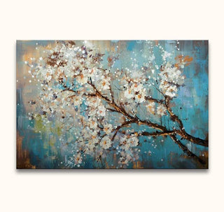 Pluimbloesem - Olieverf op canvas: Impressionistisch schilderij van bloeiende tak met witte en roze bloemen, op een droomachtige achtergrond. Handgeschilderd en direct klaar om op te hangen.