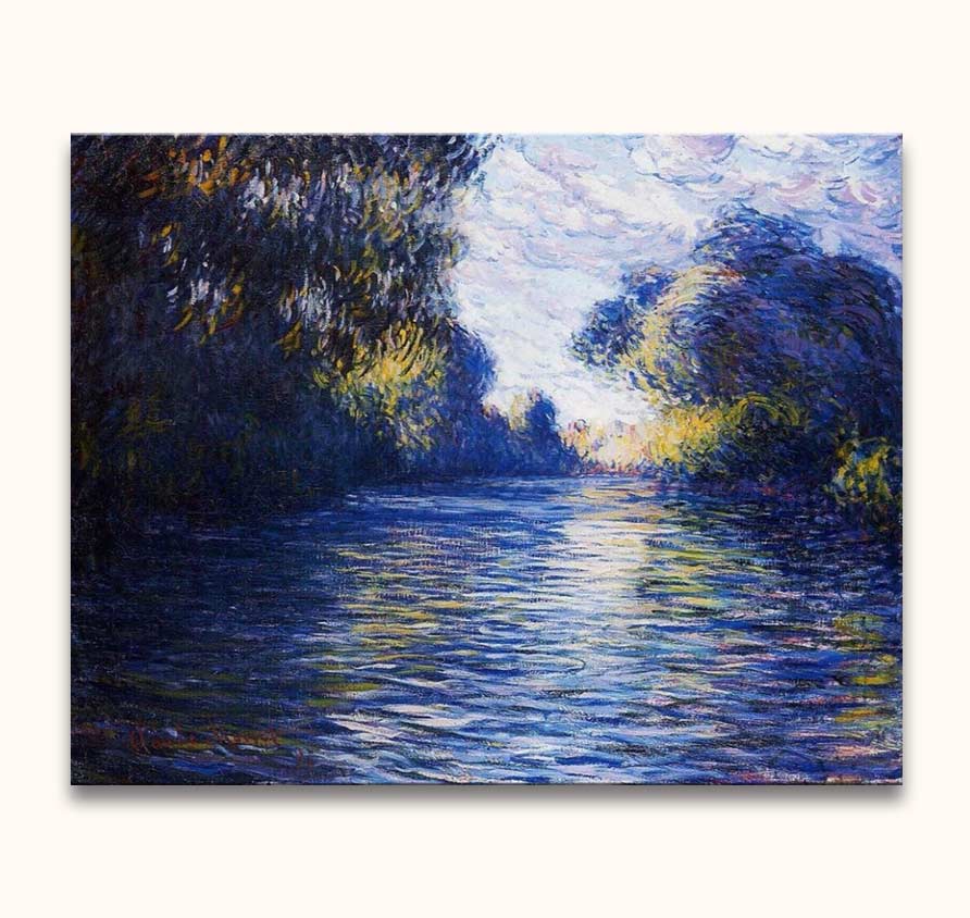 Claude Monet – Morning on the Seine: Impressionistisch olieverfschilderij van een kabbelende rivier onder bomen, met zonlicht en kleur, klaar om op te hangen, zonder lijst nodig.