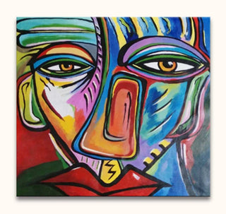 Cubistisch portret met Picasso-signatuur, abstract gezicht met levendige kleuren en zwarte lijnen. Handgeschilderd olieverfkunstwerk, klaar om op te hangen, zonder lijst nodig.