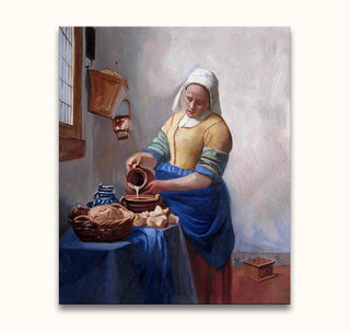Johannes Vermeer – Het Melkmeisje: Een vrouw schenkt melk in, omringd door brood en jugs, geschilderd in de klassieke Dutch Golden-Age stijl. Olieverf op canvas.