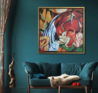 Franz Marc's De Waterval painting in a gold frame, 60x60cm, displayed above a teal mid-century sofa in a stylish living room setting.