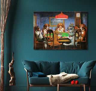 Cassius Marcellus Coolidge's A Friend in Need painting, featuring dogs playing poker, hangs above a modern teal loveseat with a fur throw in a stylish living room setting.
