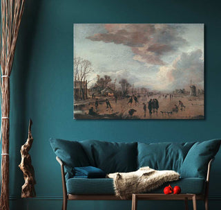 Aert van der Neer - Riviergezicht in de Winter: Classic winter landscape painting with ice-skaters, frozen river, and windmill, framed for easy hanging.
