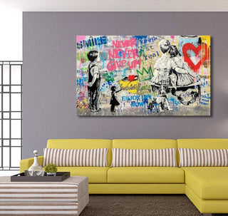 Banksy - 'Revolution on Canvas': Handgeschilderd schilderij met street art van kinderen en teksten. Opgespannen canvas, klaar om op te hangen, UV-bescherming.