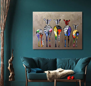 Banksy - Zebra's: Hand-painted pop art of six abstract giraffes, vivid colors on taupe canvas, ideal for modern interiors. Ready to hang, UV-protected.