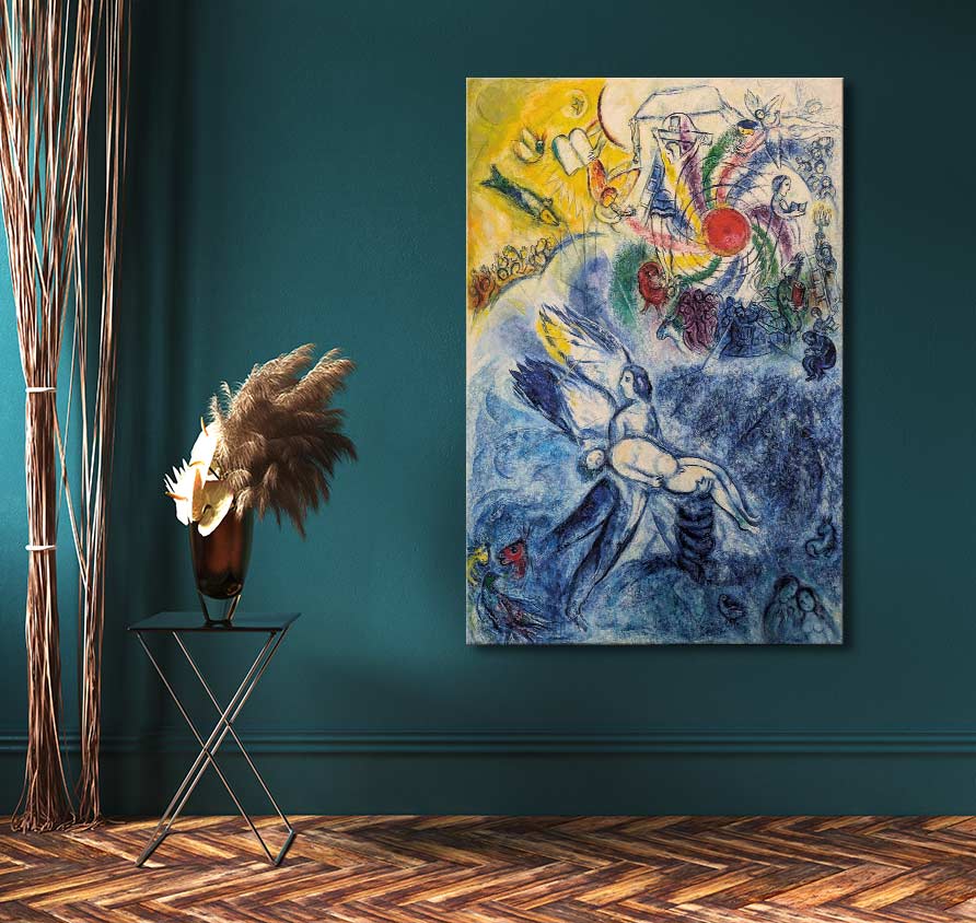Marc Chagall's La creation de l'homme painting in a surreal style, featuring celestial figures and abstract motifs, displayed above a black metal side table with dried grasses.