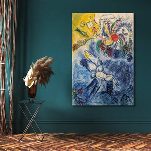 Marc Chagall's La creation de l'homme painting in a surreal style, featuring celestial figures and abstract motifs, displayed above a black metal side table with dried grasses.