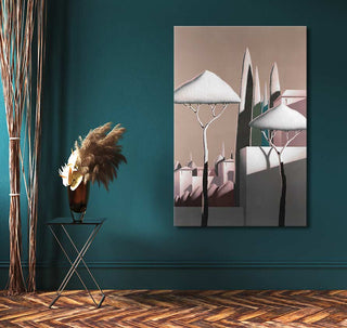 Enrico Lombardi’s “Il Segreto del Mondo” abstract oil painting on teal wall with chevron flooring, beside black table with dried pampas grass and reeds.