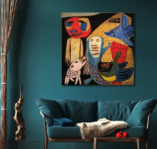 Karel Appel's 'Mens en dieren' painting featuring abstract figures and creatures, displayed above a teal sofa in a modern living room.