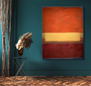 Abstract Rothko-style painting 'Nr 9. 5. 18' with vibrant bands on teal wall, enhances modern interiors. Hand-painted, UV-protected, ready to hang.