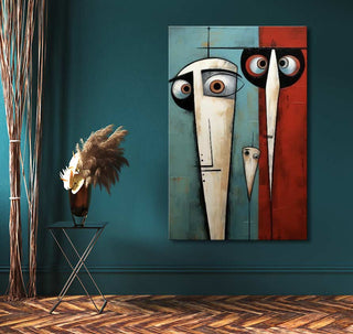 Picasso signature 'Three Faces' painting featuring three stylized faces, mounted on a teal wall. Ideal for modern interiors, oil on museum-quality canvas.