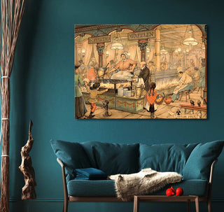 Anton Pieck's Poffertjeskraam oil painting, depicting a lively 19th-century Dutch street food stall scene, elegantly displayed in a teal-themed living room.