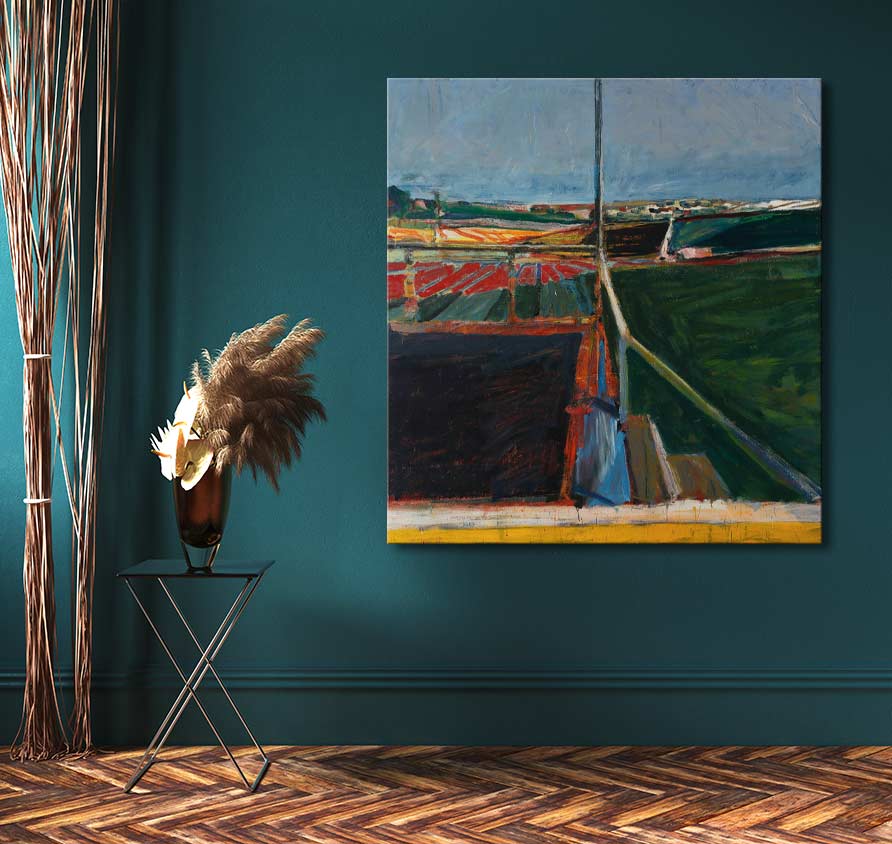 Richard Diebenkorn's View from a Porch, an expressive landscape painting, hangs above a black metal table with a vase of pampas grass, creating a modern interior vignette.