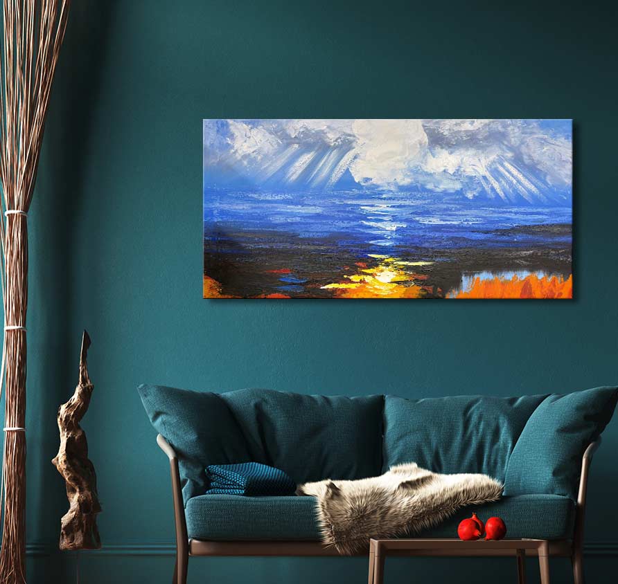 Zeeaanzicht bij Dageraad - Dikke olieverf op canvas. Abstract zeezicht met blauwe en oranje tinten. Handgeschilderd, klaar om op te hangen, zonder lijst nodig.