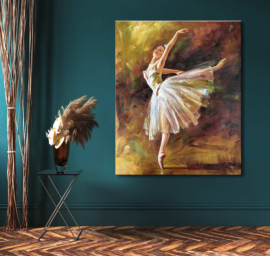 Handgeschilderd olieverfschilderij 'Tilting Dancer' van Edgar Degas, toont een ballerina in arabesque. Geschilderd op canvas, klaar om op te hangen.