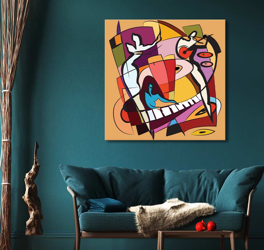 Picasso signature - Music: A cubist abstract painting with vibrant blocks, human figures, and piano motif, hanging above a teal sofa, exuding modern art charm.