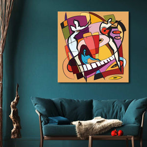 Picasso signature - Music: A cubist abstract painting with vibrant blocks, human figures, and piano motif, hanging above a teal sofa, exuding modern art charm.