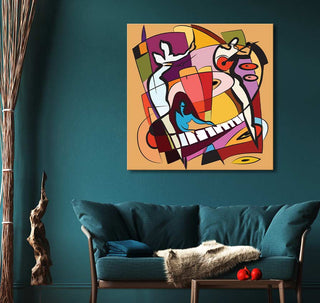 Picasso signature - Music: A cubist abstract painting with vibrant blocks, human figures, and piano motif, hanging above a teal sofa, exuding modern art charm.