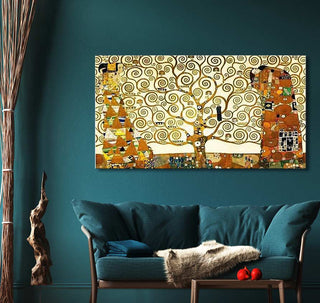 Gustav Klimt's Tree of Life reproduction painting in a living room setting, featuring swirling branches in gold tones, hand-painted on museum-quality canvas.