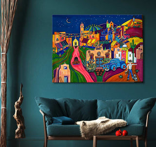 Jenny Willigrod's Village painting, featuring a desert village scene with adobe houses and a blue pickup, ideal for modern impressionist art lovers.