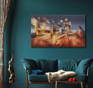 Martin Kobe's hand-painted abstract artwork in warm tones, depicting a deconstructed architectural scene, hangs above a teal sofa in a modern living room setting.