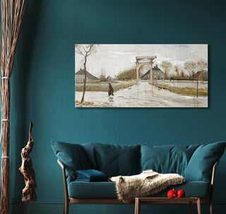 Vincent van Gogh's Ophaalbrug in Nieuw-Amsterdam oil painting on teal wall, depicting a snowy bridge scene, framed and ready to hang.