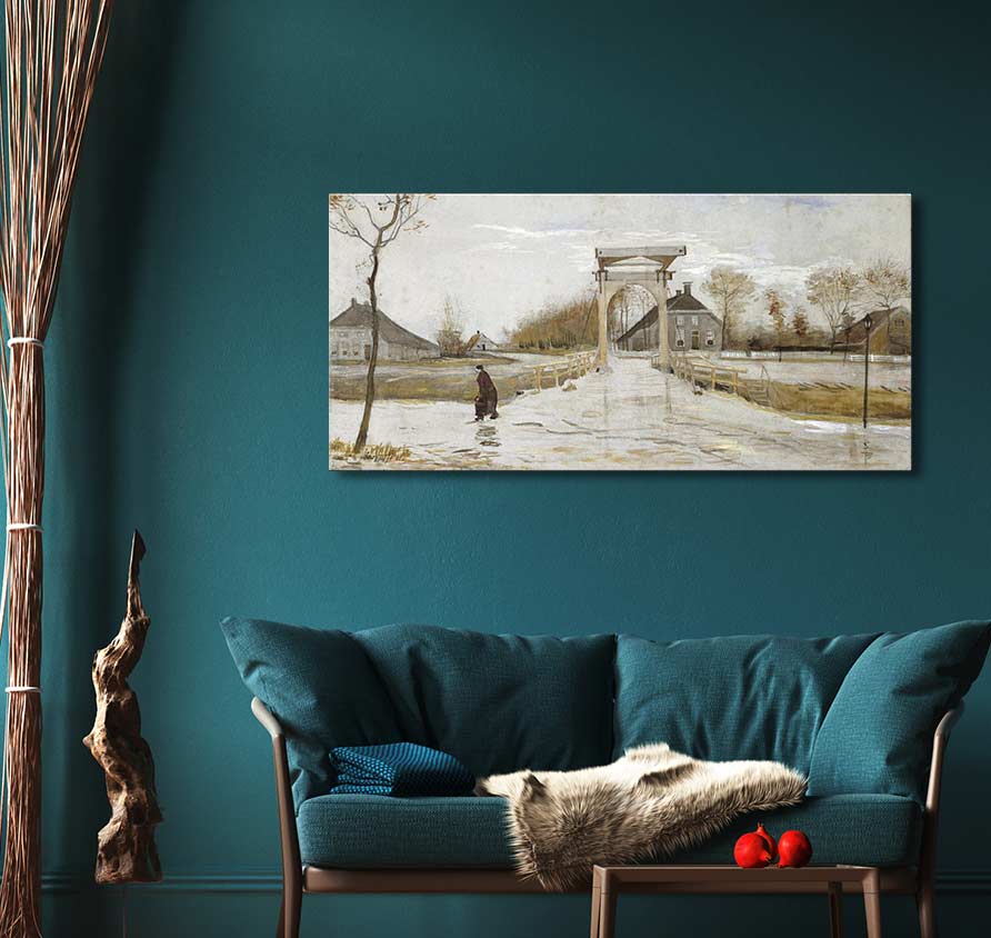 Vincent van Gogh's Ophaalbrug in Nieuw-Amsterdam oil painting on teal wall, depicting a snowy bridge scene, framed and ready to hang.