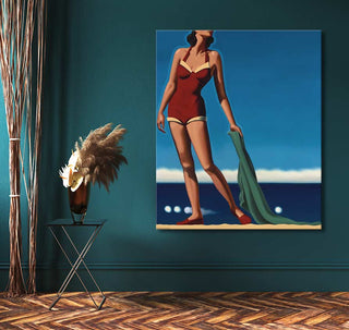 Kenton Nelson - A Standard of Elegance: A woman in a vintage swimsuit on canvas, mounted in a stylish room with pampas grass and decorative accents.
