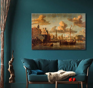 Abraham Storck’s Zicht op het IJ hangs in a teal living room, showcasing classic Dutch harbor scenes with ships and clouds, enhancing interior elegance.