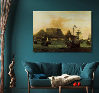 Aernout Smit's Kaap de Goede Hoop oil painting features 17th-century ships near Table Mountain, enhancing a modern teal living room with maritime classicism.