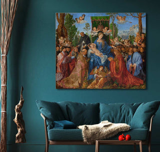 Albrecht Dürer's Das Rosenkranzfest oil painting depicting Madonna and Child with saints, framed on a teal-themed living room wall.