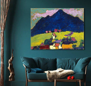 Cozy living room with Alexei von Jawlensky's Abstrakte Landschaft in voller Intensität painting above teal sofa, showcasing vibrant modern impressionist landscape.