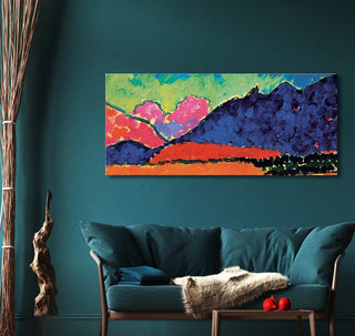 Abstract landscape painting by Alexei von Jawlensky, Murnau Kopfbild, above a teal loveseat. Perfect for modern interior design, ready to hang.
