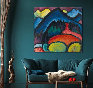 Alexei von Jawlensky's Oberstdorf Berge abstract landscape painting in vibrant colors, displayed above a teal loveseat, enhancing a cozy, modern living room setting.