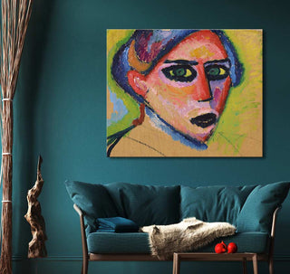 Expressionist portrait Alexei von Jawlensky - Weibliches Gesicht on teal wall, enhancing a modern living room with midcentury sofa and natural accents.