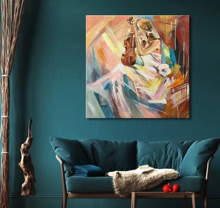Anna Kirillovna Vasiltsjikova's oil painting De Violiste showcases a woman with a violin in impressionistic style, perfect for art lovers and interior design.