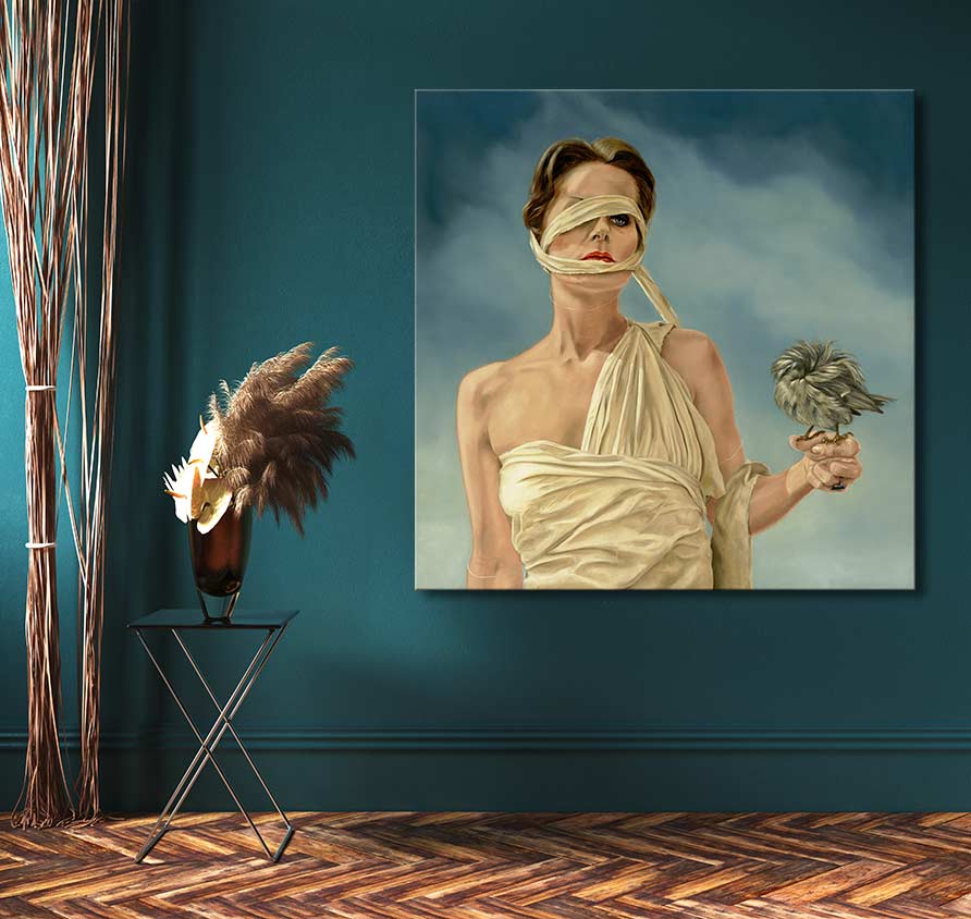 Surreal painting Vleugellam by Ans Marcus, showing a blindfolded woman with a bird, draped in ivory fabric. Ideal for modern art enthusiasts.