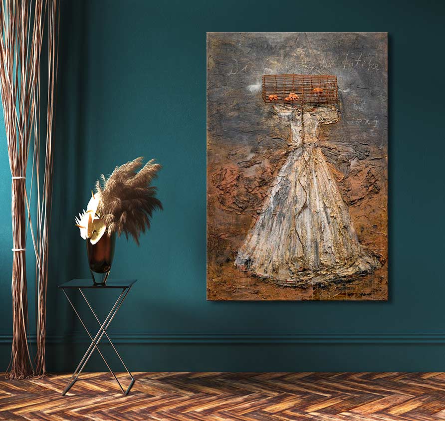 Anselm Kiefer's Heldentum painting features a vintage-style gown with textured, earthy tones and metal elements, set against a deep teal-green wall.