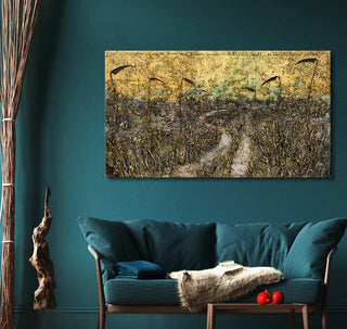 Anselm Kiefer's Aus Herzen und Hirnen spriessen die Halme der Nacht painting above teal loveseat, depicting grasses under a golden sky.