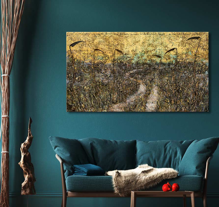 Anselm Kiefer's Aus Herzen und Hirnen spriessen die Halme der Nacht painting above teal loveseat, depicting grasses under a golden sky.