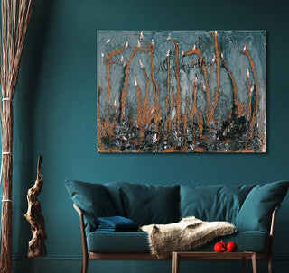 Anselm Kiefer's 'Margarethe' painting with abstract brushstrokes, displayed above a teal settee in a stylish living room setting. Ideal for modern art enthusiasts.