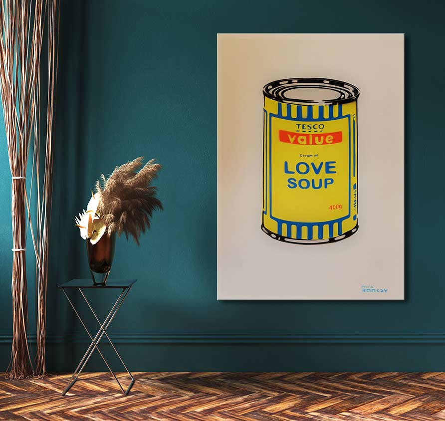 Banksy - Tin of Love Soup: Hand-painted pop art canvas depicting a stylized tin can. Mounted on teal wall, ideal for fans of street art.