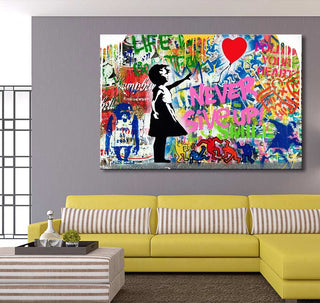 Banksy - 'Never Give Up': A vibrant graffiti-style canvas featuring a girl reaching for a heart balloon, ideal for modern interiors. Hand-painted, high-quality oil on canvas.
