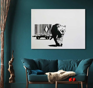 Banksy-inspired 'Tiger with Barcode' canvas, featuring a tiger escaping a barcode. Hand-painted street pop art, ready to hang, no frame needed.