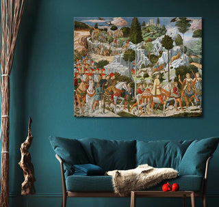 Benozzo Gozzoli's De Reis van de Wijzen naar Bethlehem displayed in a teal-toned living room. Knights and nobles procession, hand-painted oil on high-quality canvas.